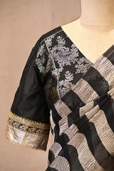 Black Organza Silk Saree with Silver Zari Stripes & Tassel Pallu