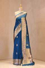 French Blue Banarasi Organza Silk Saree With Gold Zari Butas