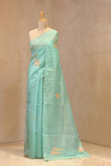 Sky Blue Organza Silk Saree With Aplique And Handwork