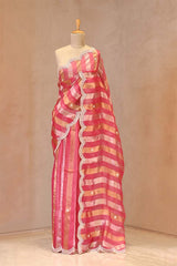 Watermelon Pink Organza Tissue Silk Saree With Stripes & Embellished Scalloped Border