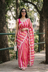 Watermelon Pink Organza Tissue Silk Saree With Stripes & Embellished Scalloped Border