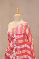 Watermelon Pink Organza Tissue Silk Saree With Stripes & Embellished Scalloped Border
