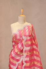 Watermelon Pink Organza Tissue Silk Saree With Stripes & Embellished Scalloped Border