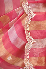 Watermelon Pink Organza Tissue Silk Saree With Stripes & Embellished Scalloped Border