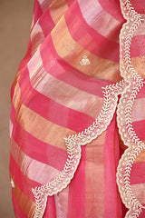 Watermelon Pink Organza Tissue Silk Saree With Stripes & Embellished Scalloped Border