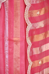 Watermelon Pink Organza Tissue Silk Saree With Stripes & Embellished Scalloped Border