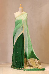 Green Half and Half Organza Silk Saree with Crushed Shibori Pallu