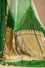 Green Half and Half Organza Silk Saree with Crushed Shibori Pallu