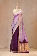 Wine Half and Half Organza Silk Saree with Crushed Shibori Pallu