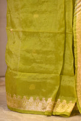 Lime Green Half and Half Organza Silk Saree with Crushed Shibori Pallu