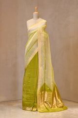 Lime Green Half and Half Organza Silk Saree with Crushed Shibori Pallu
