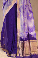Dark Purple Half and Half Organza Silk Saree with Crushed Shibori Pallu