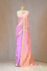 Pink Organza Silk Saree with Gold Zari Buti Weave
