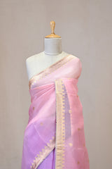 Pink Organza Silk Saree with Gold Zari Buti Weave