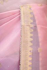 Pink Organza Silk Saree with Gold Zari Buti Weave