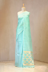 Seafoam Blue Kora Silk Saree with Gold Zari Floral Buti