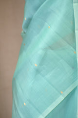 Seafoam Blue Kora Silk Saree with Gold Zari Floral Buti