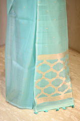 Seafoam Blue Kora Silk Saree with Gold Zari Floral Buti