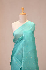 Sky Blue Kora Silk Saree with Gold Zari Floral Buti
