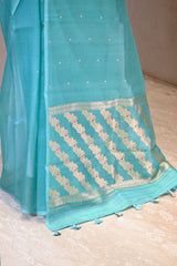 Sky Blue Kora Silk Saree with Gold Zari Floral Buti