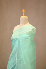 Seafoam Blue Kora Silk Saree with Gold Zari Floral Buti