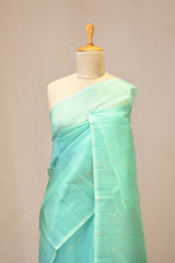 Seafoam Blue Kora Silk Saree with Gold Zari Floral Buti
