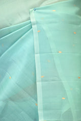 Seafoam Blue Kora Silk Saree with Gold Zari Floral Buti