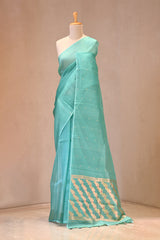 Sky Blue Kora Silk Saree with Gold Zari Floral Buti