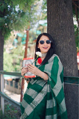 Bottle Green Organza Silk Saree with Half & Half Crushed Tissue Zari Stripes