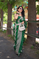 Bottle Green Organza Silk Saree with Half & Half Crushed Tissue Zari Stripes