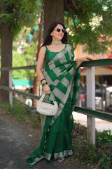 Bottle Green Organza Silk Saree with Half & Half Crushed Tissue Zari Stripes