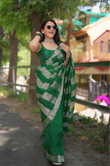 Bottle Green Organza Silk Saree with Half & Half Crushed Tissue Zari Stripes