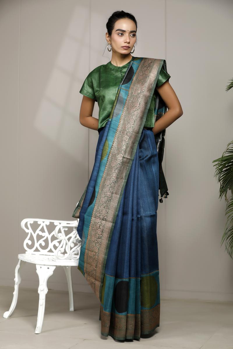 Blue saree, Tussar silk saree, handloom saree, office wear saree, formal wear Saree, Saree draping style tips 