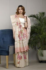 Office wear saree, formal saree, beige saree, peach saree, Tussar silk saree, handloom saree, ready-to-wear saree, 