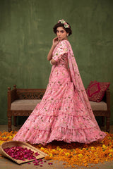 Baby Pink Floral Printed Embellished Chiffon Lehenga
