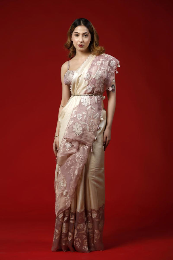 Woman wearing a floral party wear saree dress for a cocktail party looks against a red background