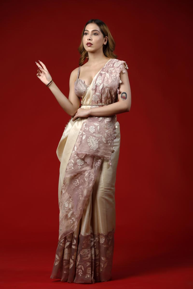 Woman wearing a floral party wear saree dress for a cocktail party looks against a red background
