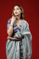 A woman wearing a colorful designer blouse with party wear saree with a red background