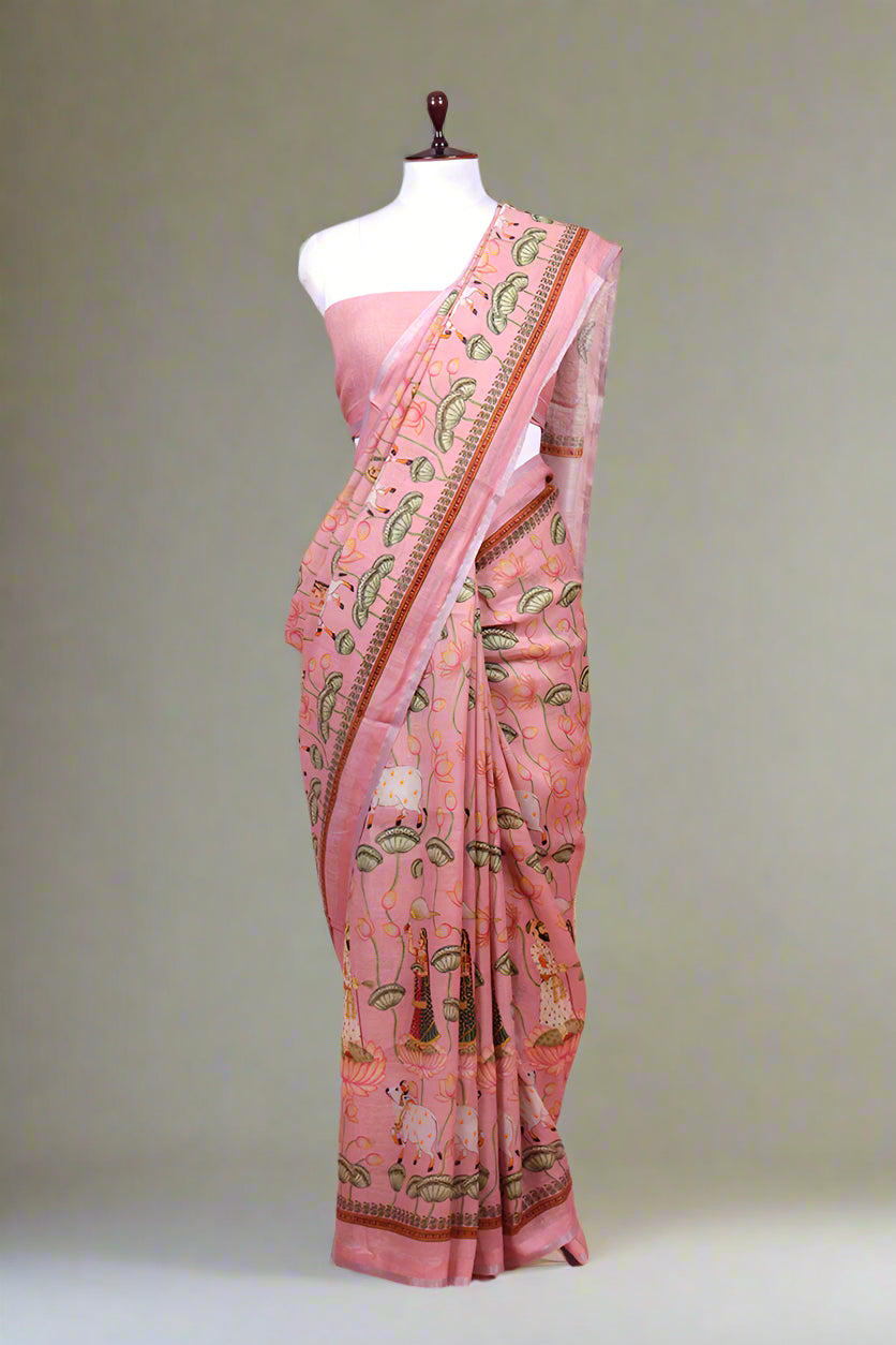 Pink Linen Cotton Bindi Saree