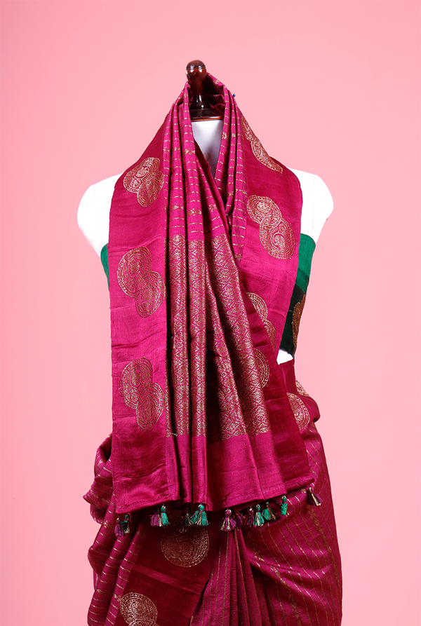 Maroon Ethnic Handwoven Raw Silk Saree