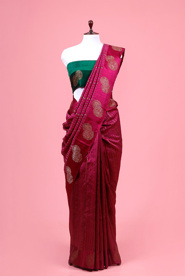 Maroon Handwoven Raw Silk Saree By Chinaya Banaras