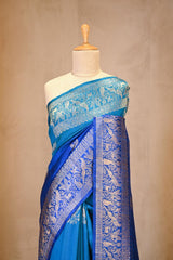 Blue Banarasi Raw Silk Saree with Birds And Animal Designs