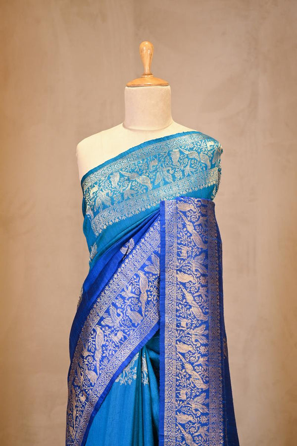 Blue Banarasi Raw Silk Saree with Birds And Animal Designs