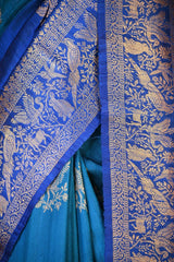 Blue Banarasi Raw Silk Saree with Birds And Animal Designs