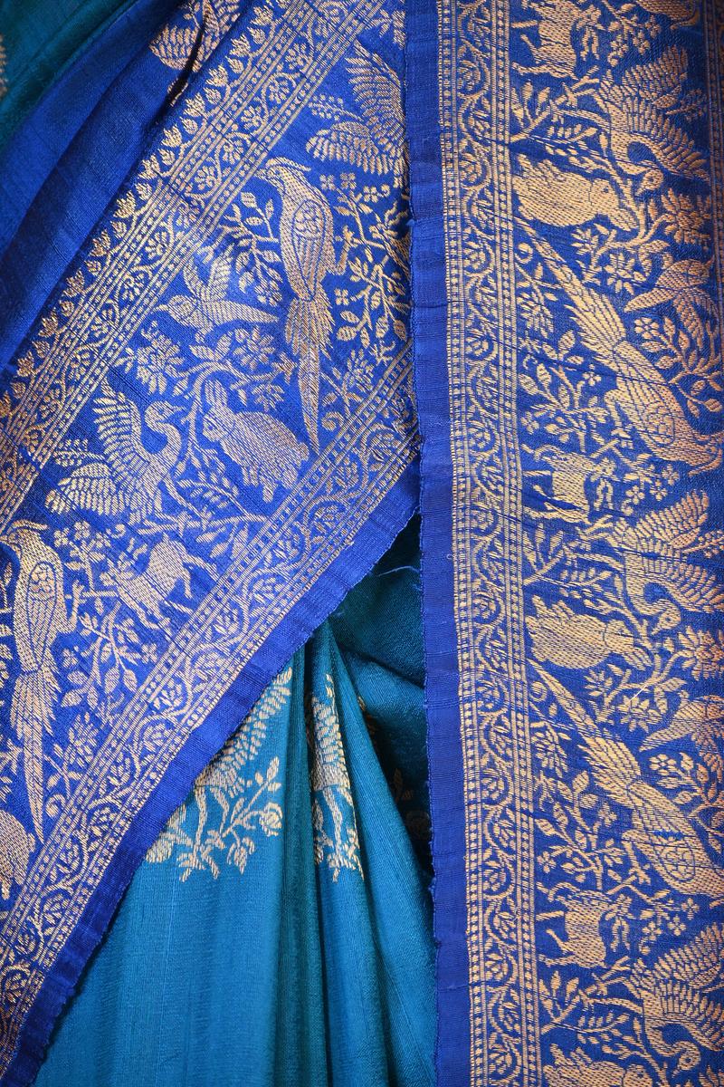 Blue Banarasi Raw Silk Saree with Birds And Animal Designs