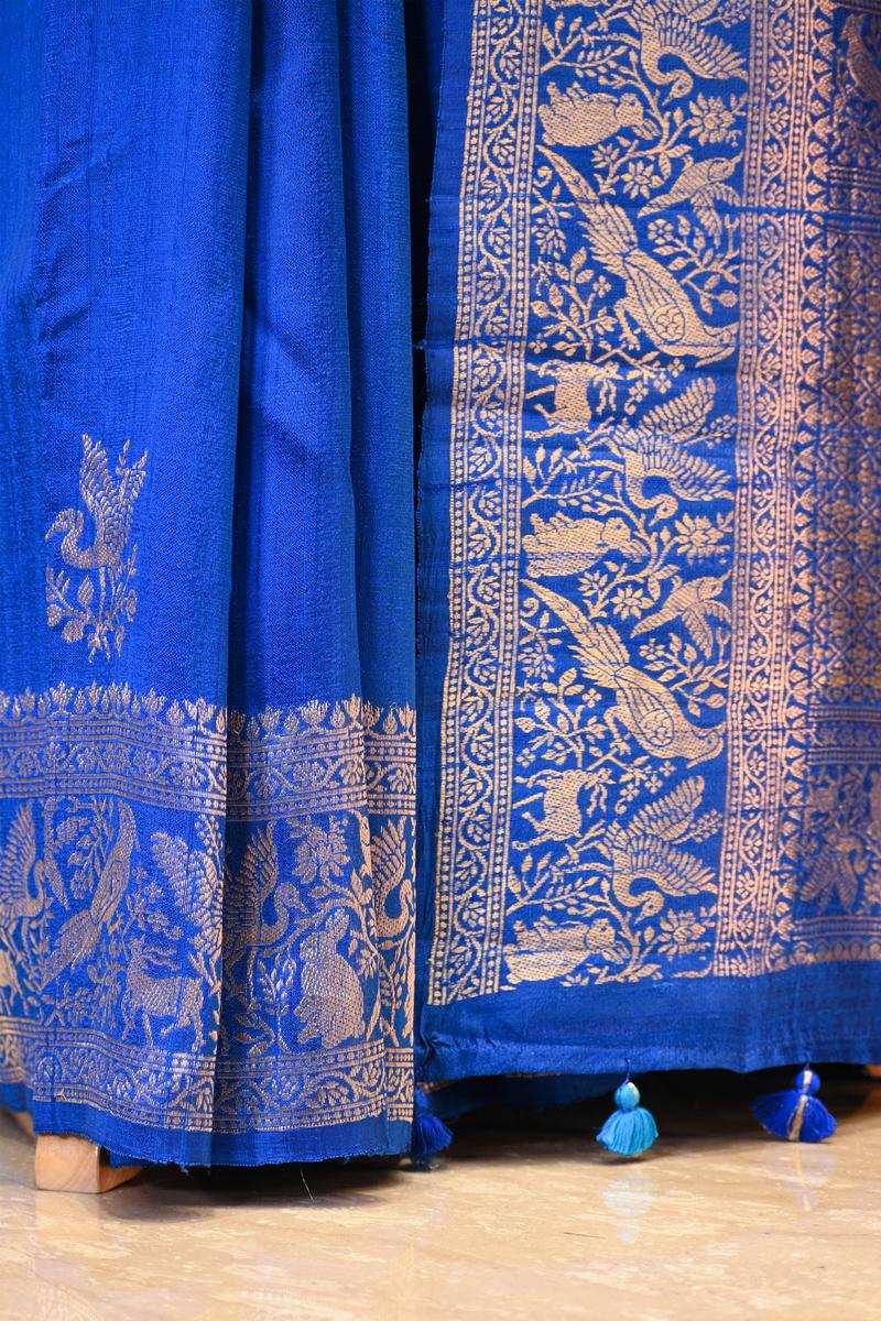Blue Banarasi Raw Silk Saree with Birds And Animal Designs