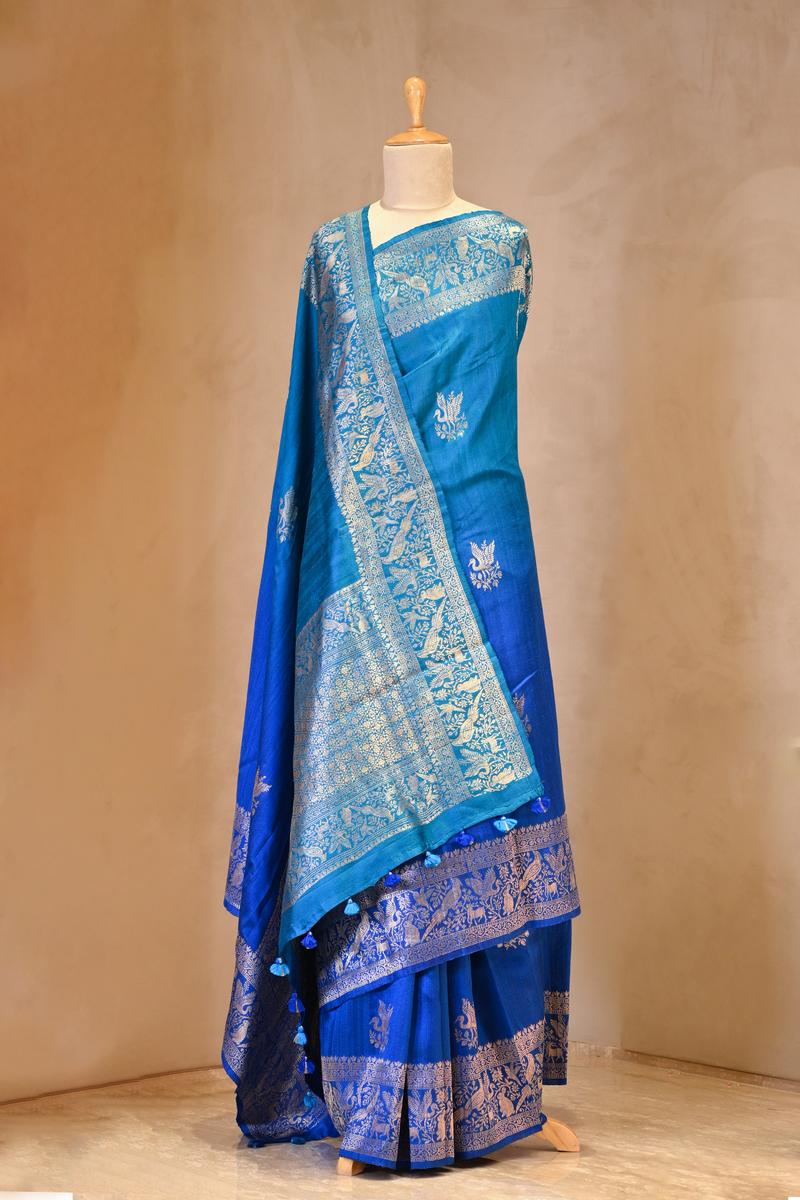 Blue Banarasi Raw Silk Saree with Birds And Animal Designs