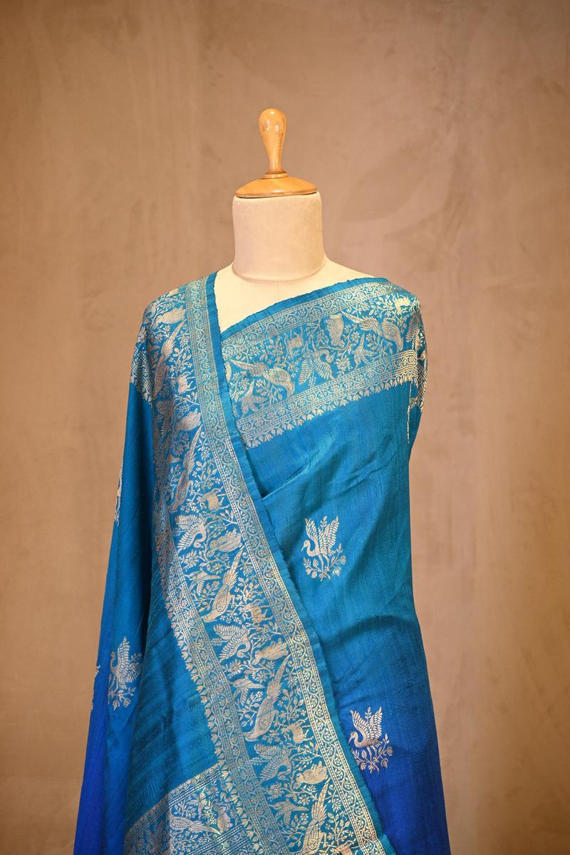 Blue Banarasi Raw Silk Saree with Birds And Animal Designs