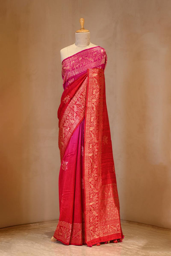 Red and Pink  saree, raw silk saree, wedding saree, bridal saree, party wear saree, Wedding Saree