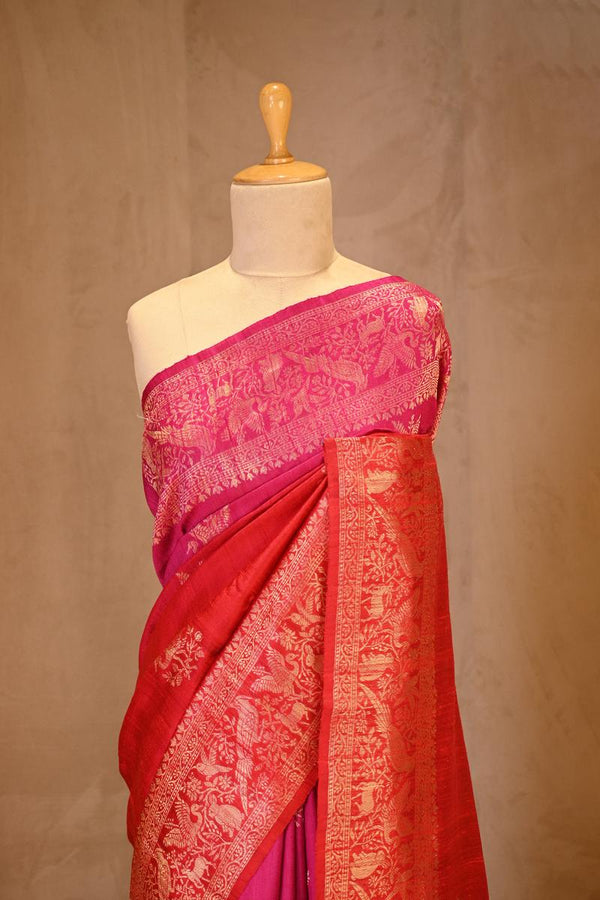 Red Banarasi Raw Silk Saree with Birds And Animal Designs